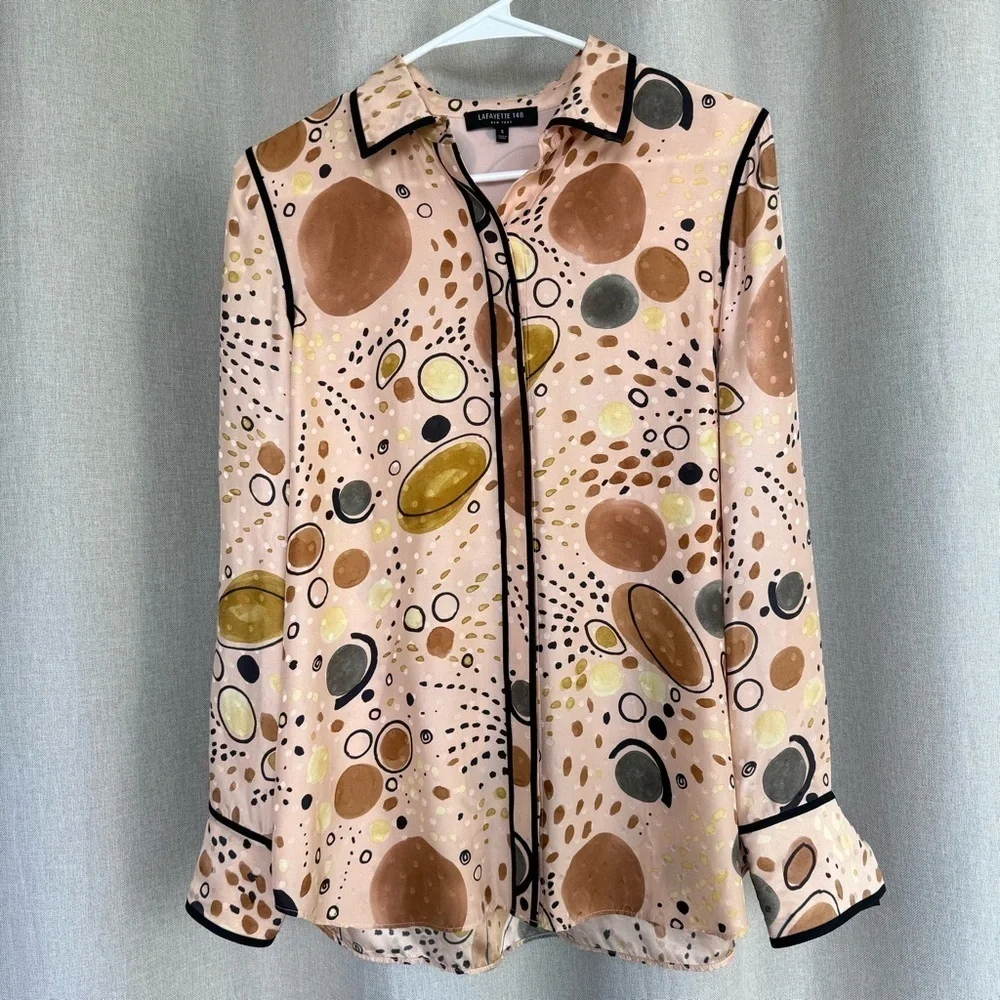 Lafayette 148 NWOT Silk Scottie Print Collar Pink Brown Long Sleeve Shirt S - Picture 3 of 11